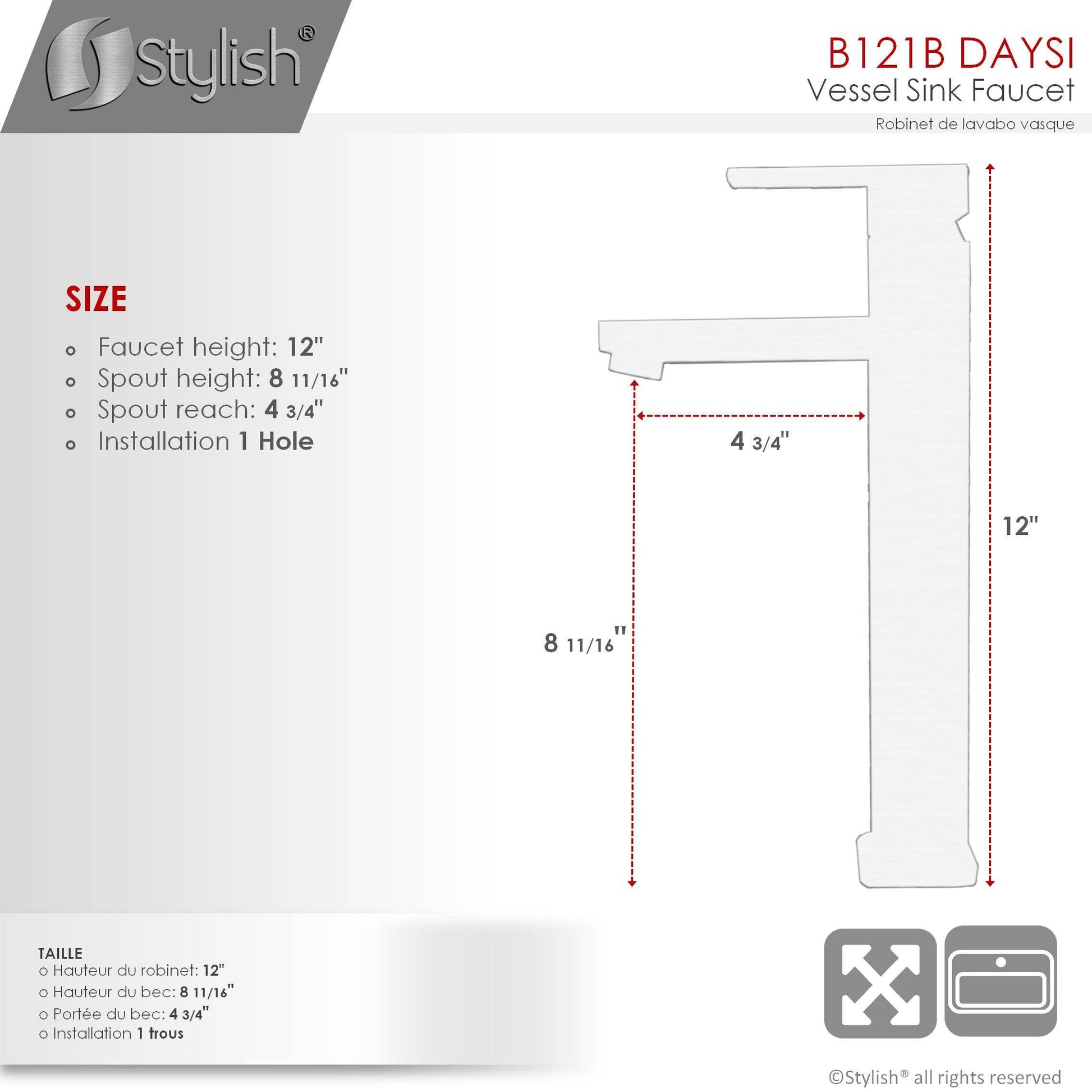 Stylish Daysi Brushed Nickel 12" Single-Hole Vessel Sink Bathroom Faucet B-121B - Renoz