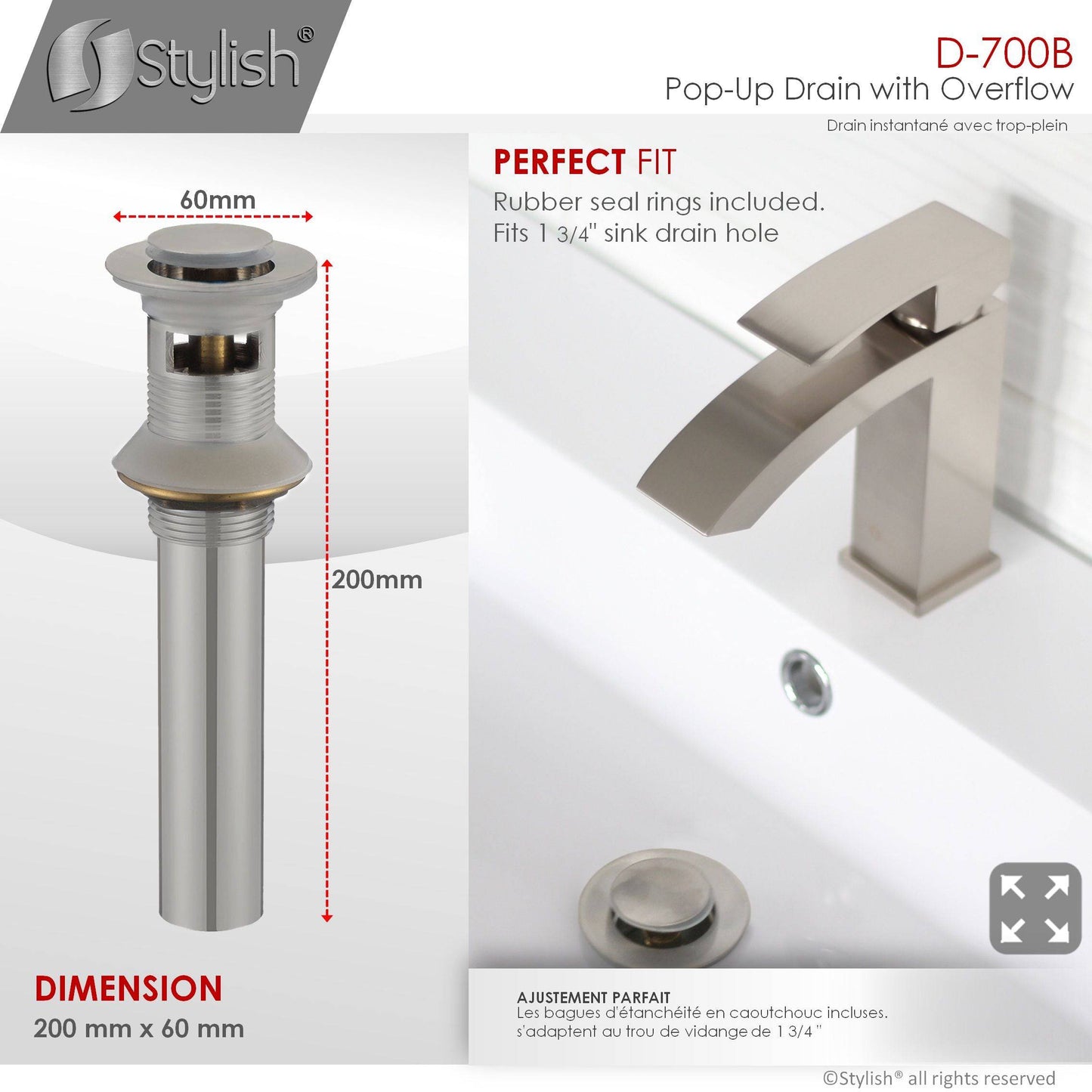 Stylish Pop-Up Drain with Overflow, Brushed Nickel Finish D-700B - Renoz