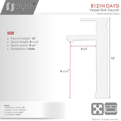 Stylish Daysi 12" Single Hole Single Handle Vessel Bathroom Faucet in Matte Black B-121N - Renoz