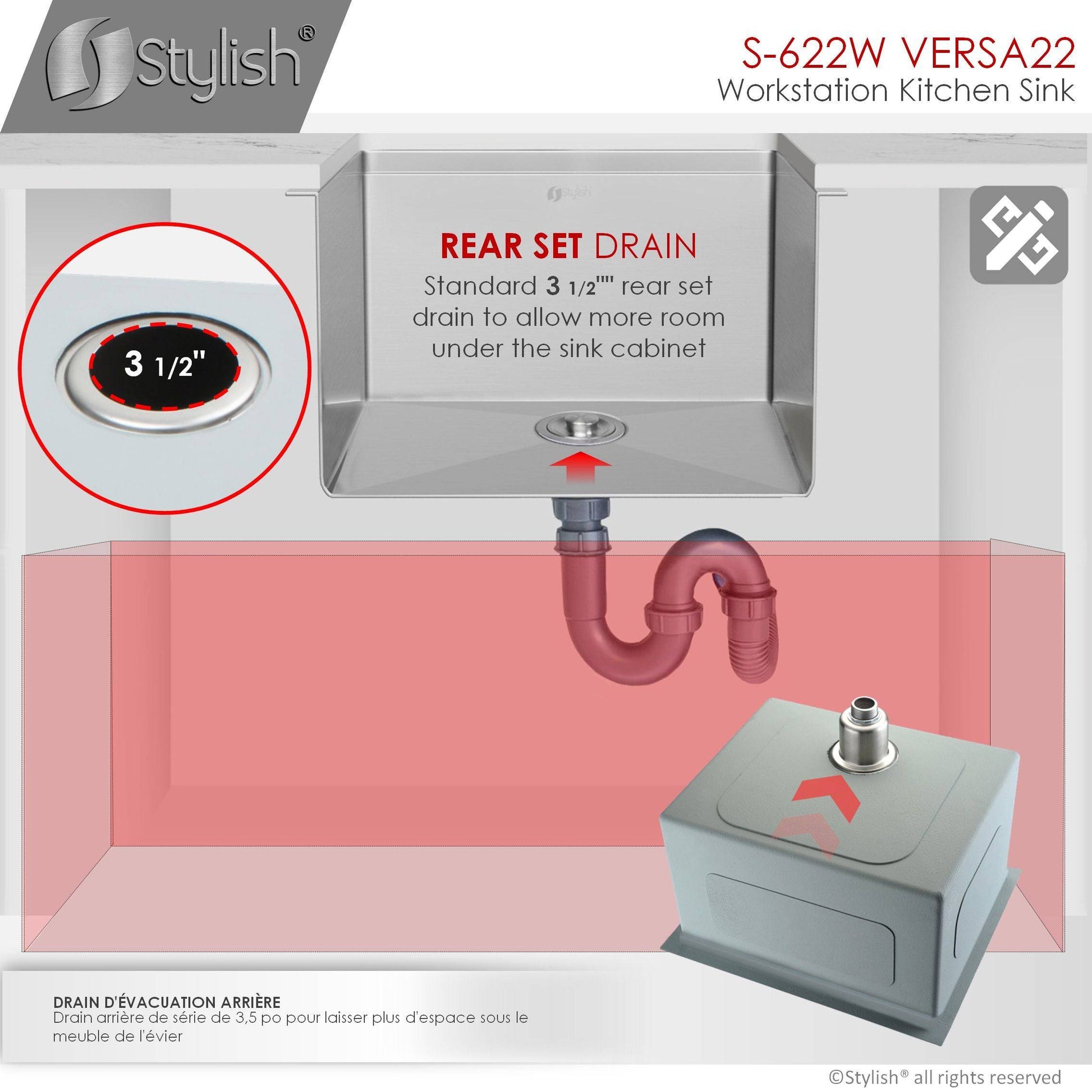 Stylish Versa22 22" x 19" Workstation Single Bowl Undermount 16 Gauge Stainless Steel Kitchen Sink with Built in Accessories S-622W - Renoz