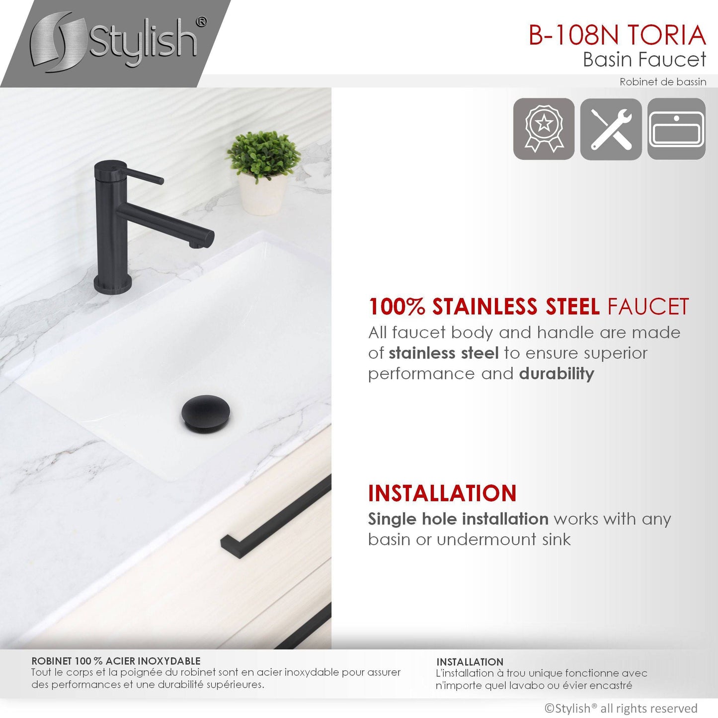 Stylish Toria 6" Single Handle Basin Bathroom Faucet in Matte Black Finish B-108N - Renoz