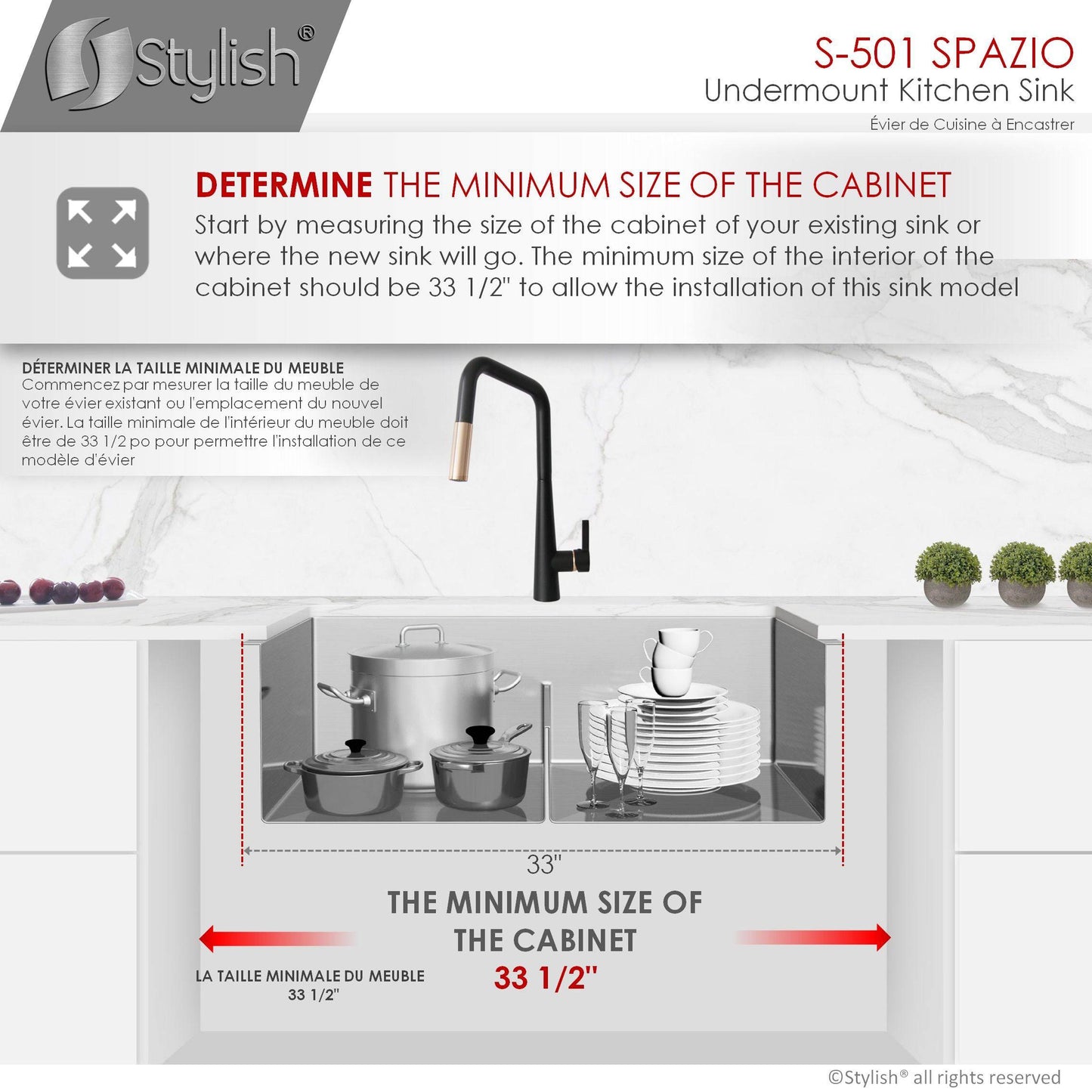 Stylish Spazio 33" x 18" Slim Low Divider Double Bowl Undermount Stainless Steel Kitchen Sink S-501XG - Renoz