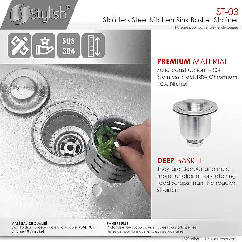 Stylish 3.5" Stainless Steel Extra Deep Strainer with Removable Basket, Strainer Assembly ST-03 - Renoz