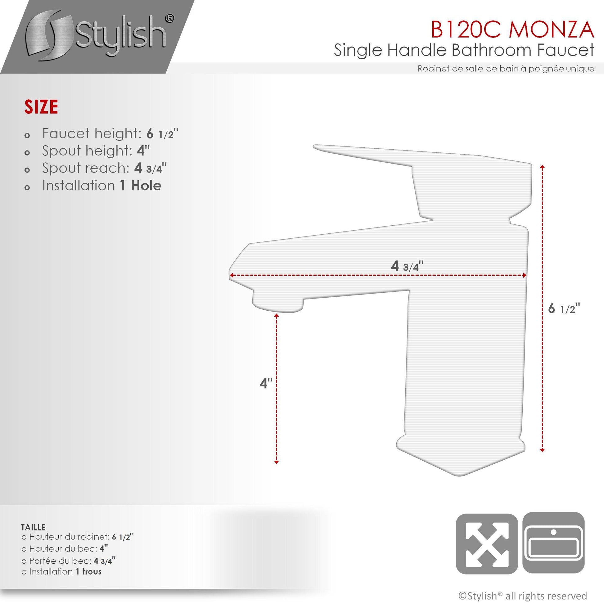 Stylish Monza Single Handle 6.5" Bathroom Faucet for Single Hole Brass Basin Mixer Tap, Polished Chrome Finish B-120C - Renoz