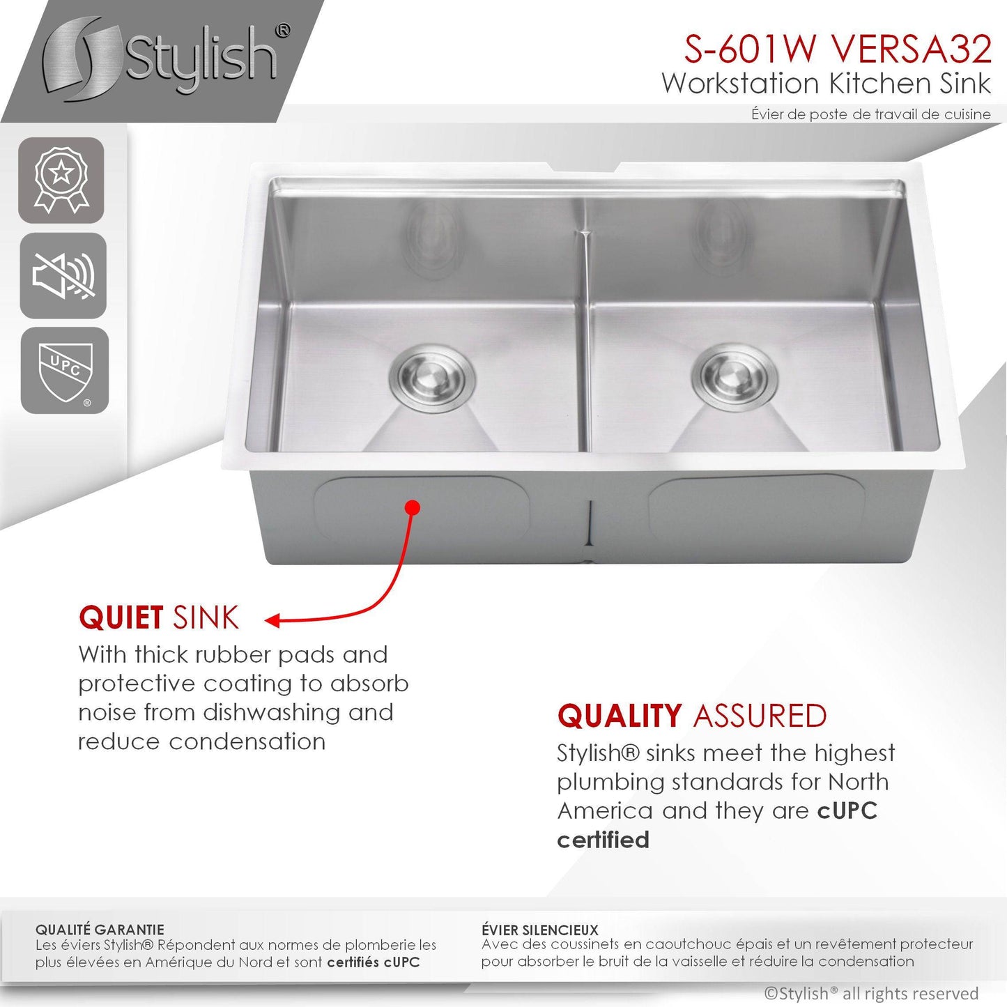 Stylish Versa 32 32" x 19" Workstation Double Bowl Undermount Kitchen Sink with Built in Accessories S-601W - Renoz