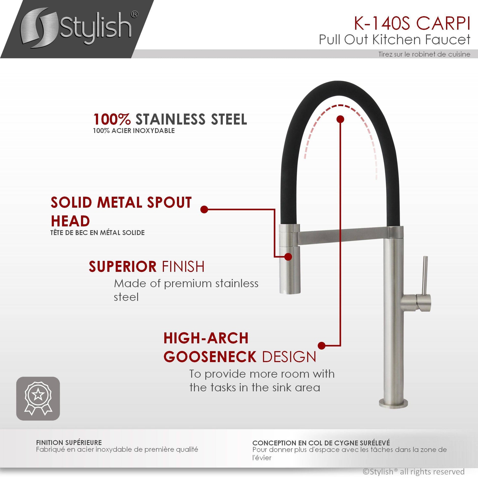 Stylish Carpi 20" Stainless Steel Single Handle Pull Out Dual Mode Kitchen Faucet with Black Spout Hose K-140S - Renoz