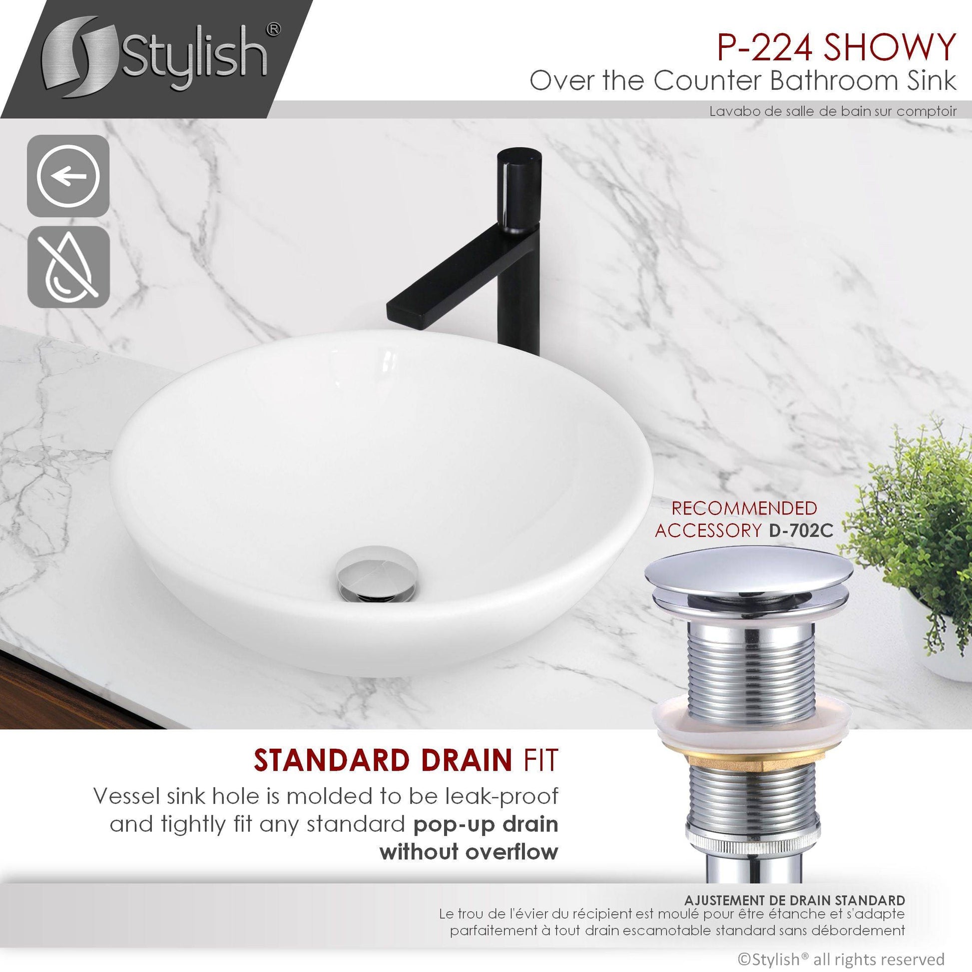 Stylish Showy 16" x 16" White Round Ceramic Vessel Bathroom Sink P-224 - Renoz