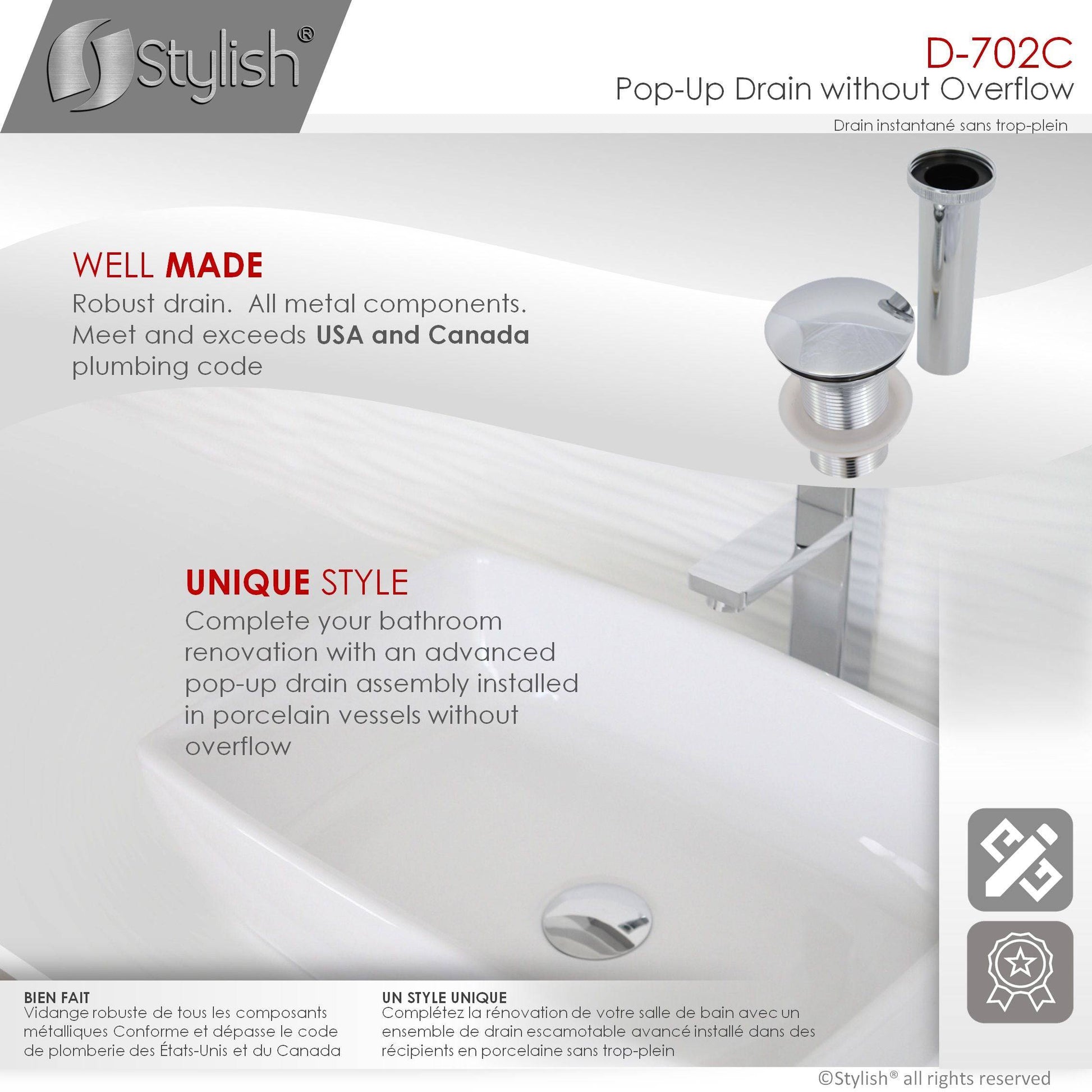 Stylish Pop-Up Drain with Overflow D-702C - Renoz