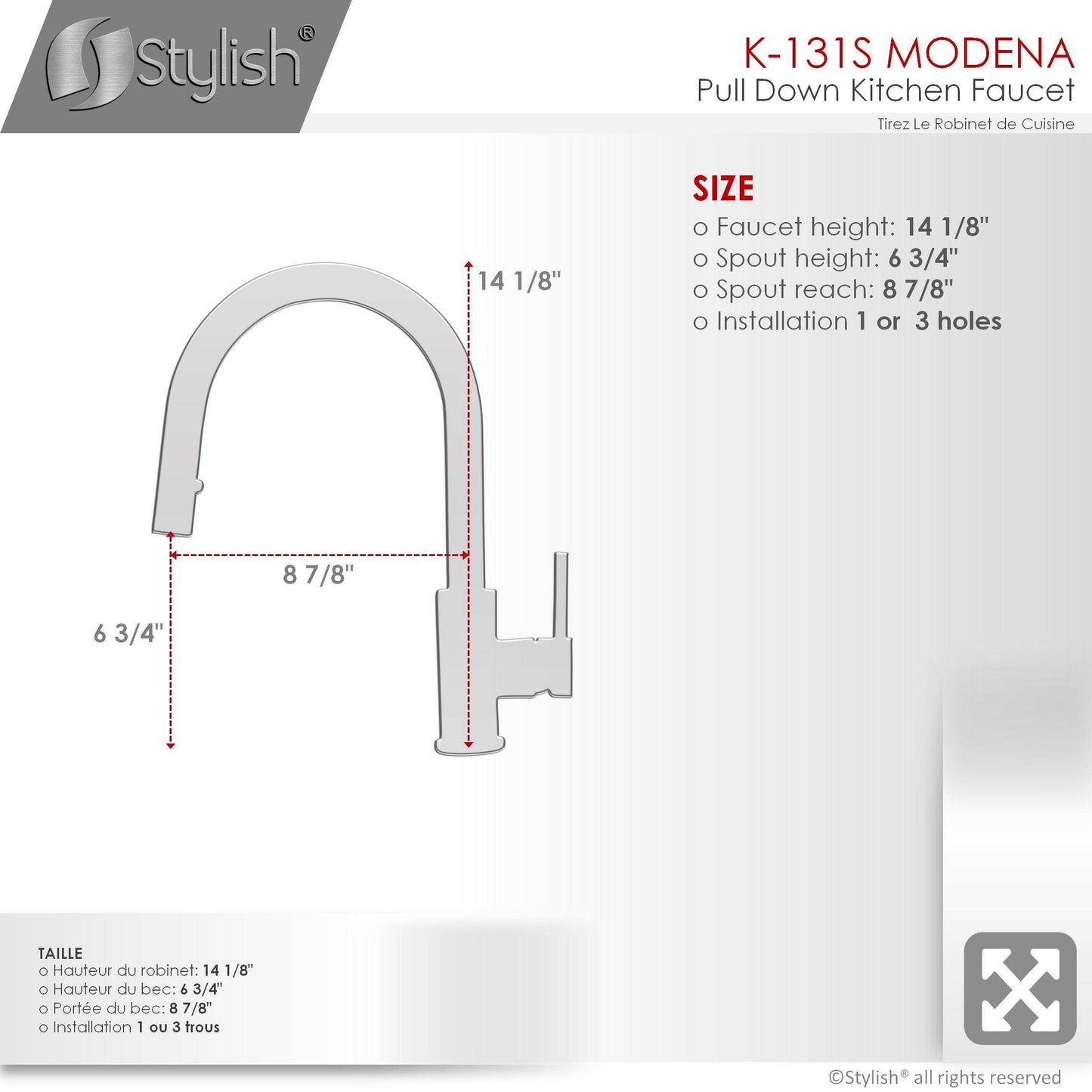 Stylish Modena 14" Kitchen Faucet Single Handle Pull Down Dual Mode Stainless Steel Brushed Finish K-131S - Renoz