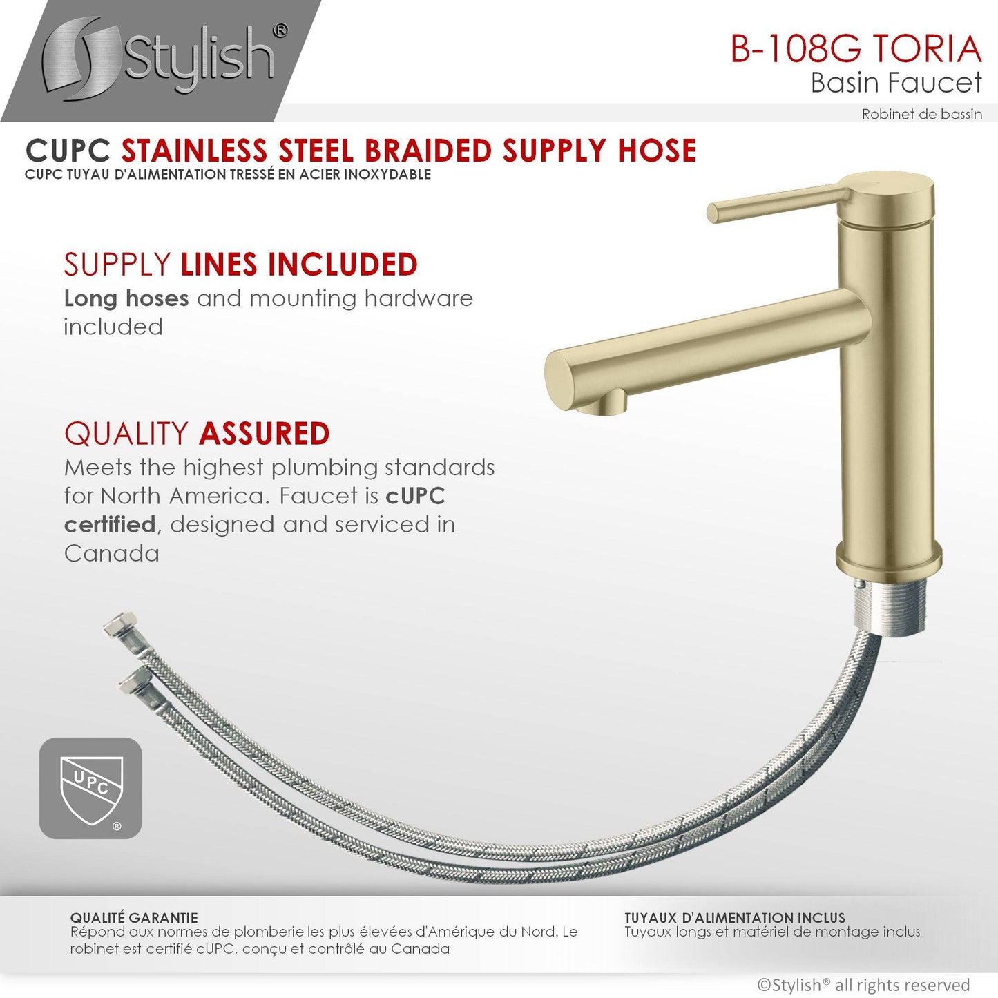 Stylish Toria 6" Single Handle Basin Bathroom Faucet in Brushed Gold Finish B-108G - Renoz