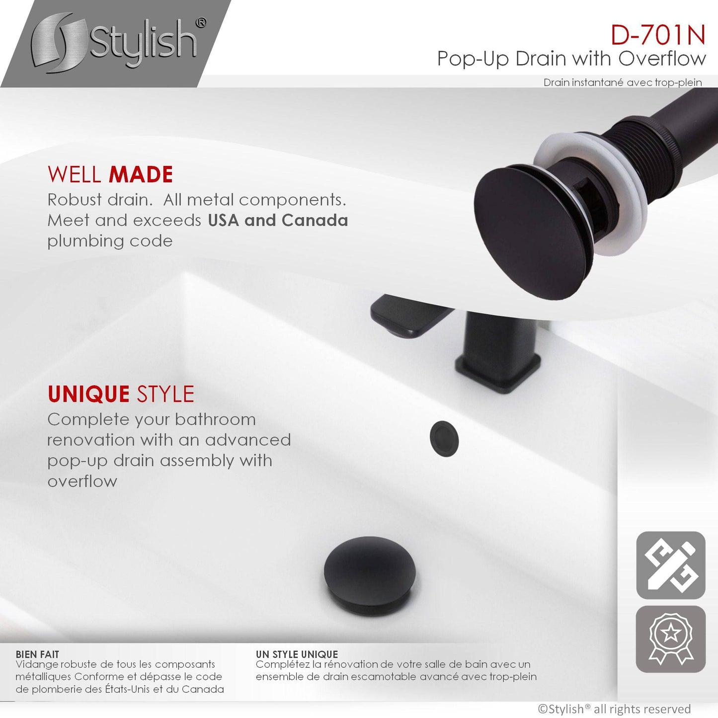 Stylish Pop-Up Drain with Overflow D-701N - Renoz