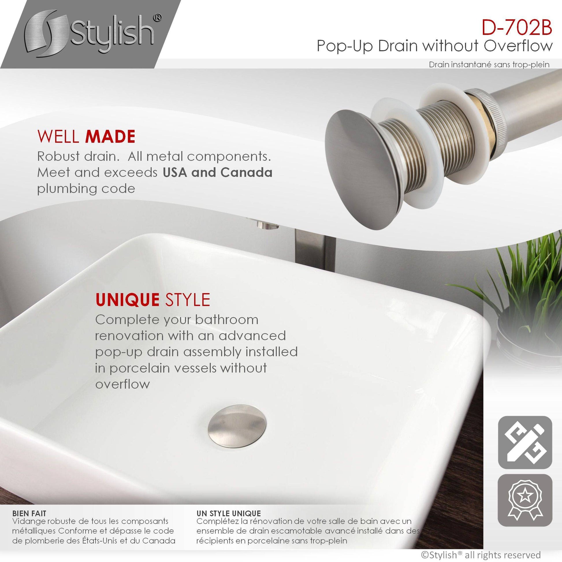 Stylish Pop-up Drain No Overflow D-702b - Renoz