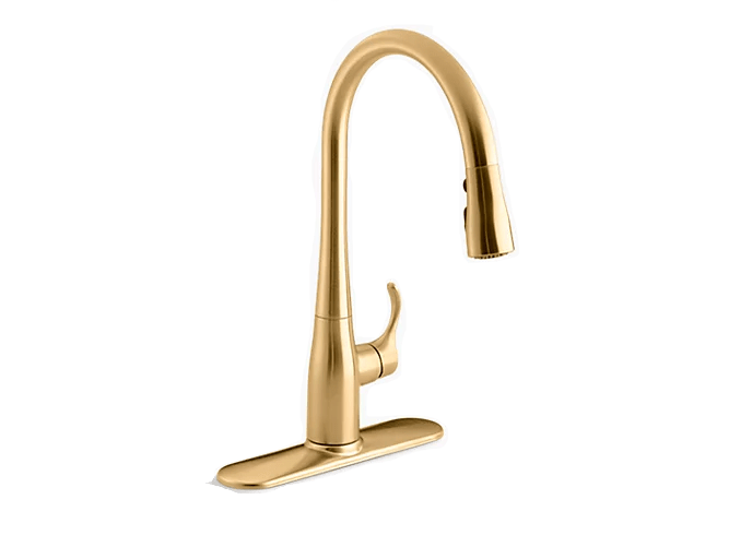 Kohler Simplice 16" Modern Single Hole Or Three Hole Kitchen Faucet With 16-5/8" Pull Down Spout, Docknetik Magnetic Docking System, And A 3 Function Sprayhead Featuring Sweep Spray Vibrant Brushed Brass - Renoz