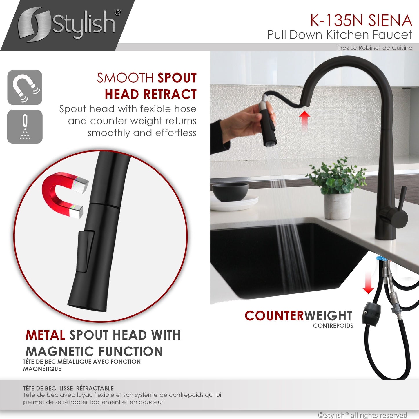 Stylish Siena 17" Kitchen Faucet Single Handle Pull Down Dual Mode Stainless Steel in Matte Black Finish K-135N - Renoz