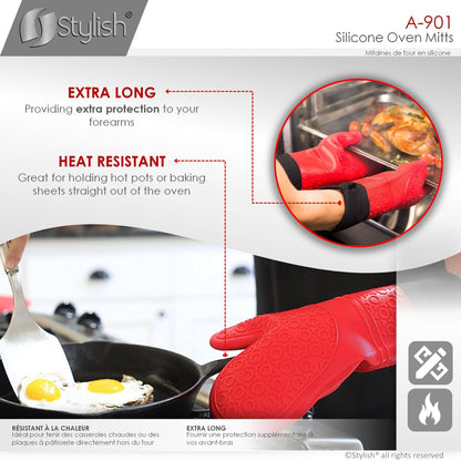 Stylish Heat Resistant Silicone Oven Mitts A-901-RED - Renoz