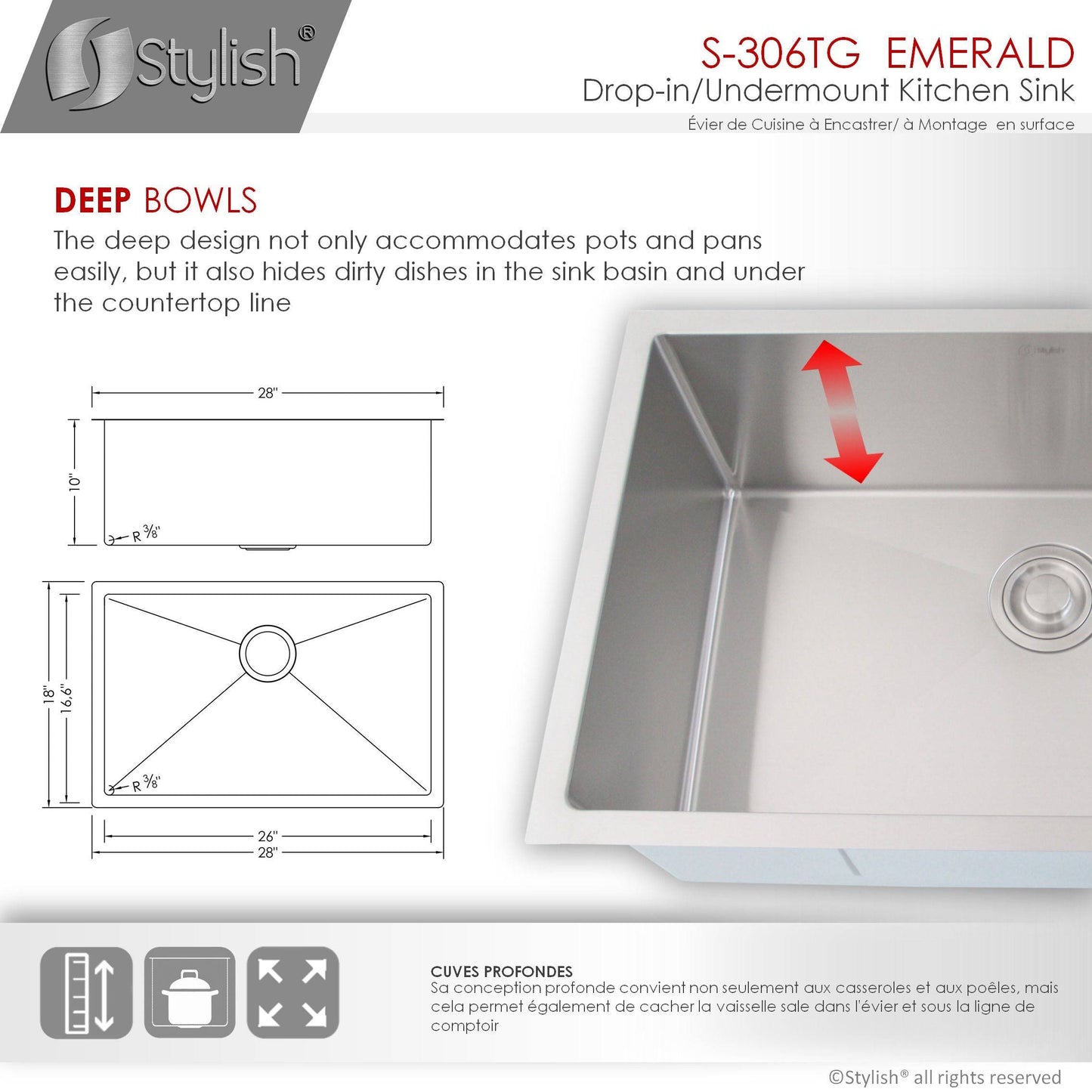 Stylish Emerald 28" x 18" Single Bowl Drop-in/Undermount Stainless Steel Kitchen Sink S-306TG - Renoz