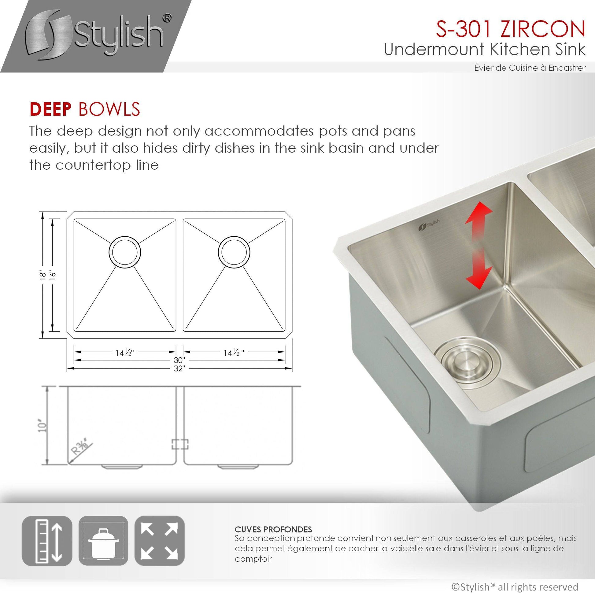 Stylish Zircon 32" x 18" Double Bowl Undermount Stainless Steel Kitchen Sink S-301XG - Renoz