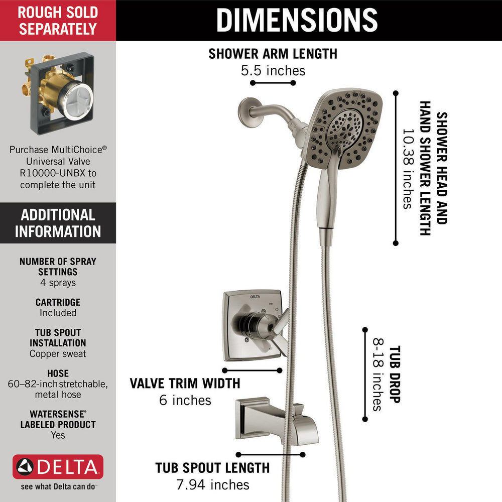 Delta Garniture de douche 2-en-1 série ASHLYN Monitor 17 avec In2ition - Acier inoxydable (valve vendue séparément)