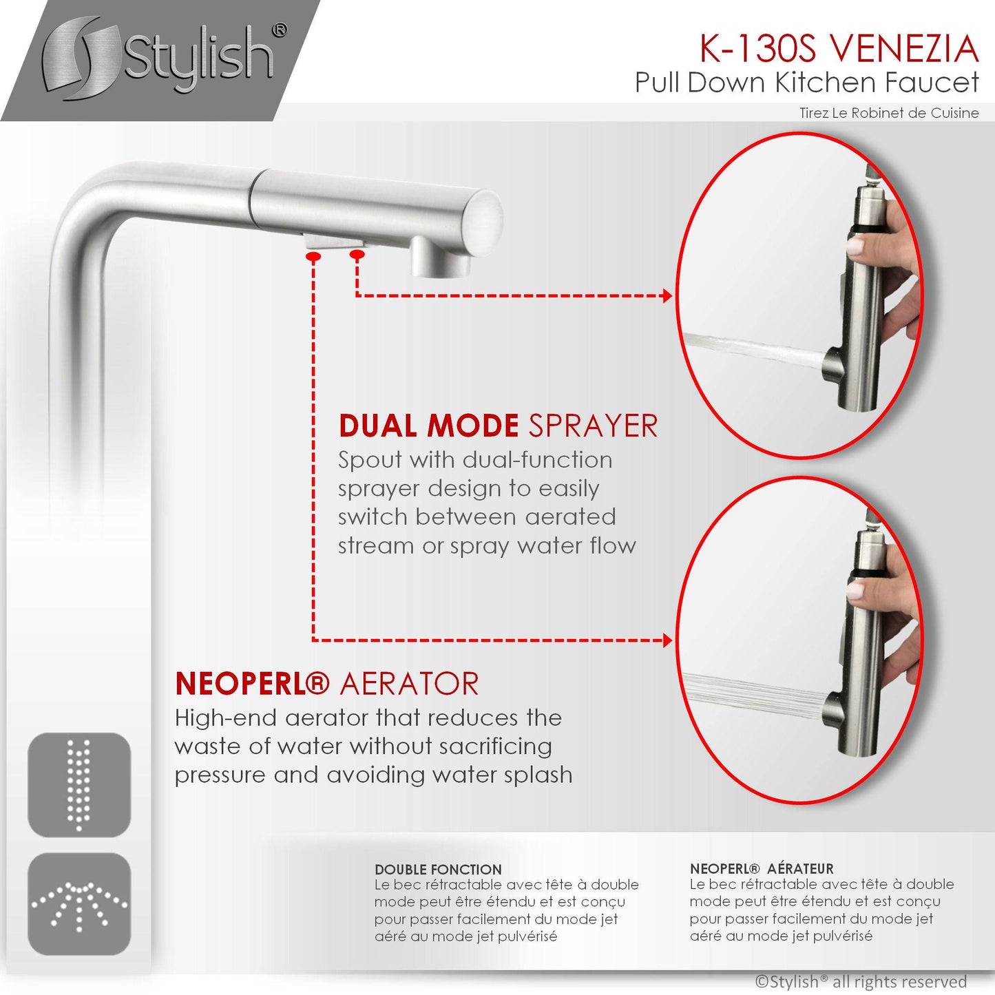 Stylish Venezia 12" Kitchen Faucet Single Handle Pull Down Dual Mode Stainless Steel, Brushed Finish K-130S - Renoz