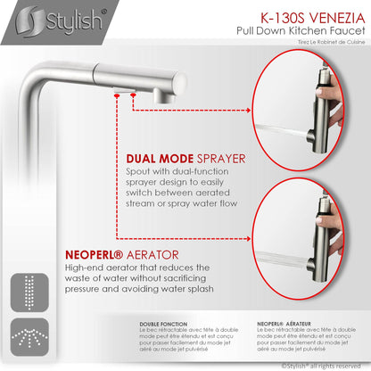 Stylish Venezia 12" Kitchen Faucet Single Handle Pull Down Dual Mode Stainless Steel, Brushed Finish K-130S - Renoz