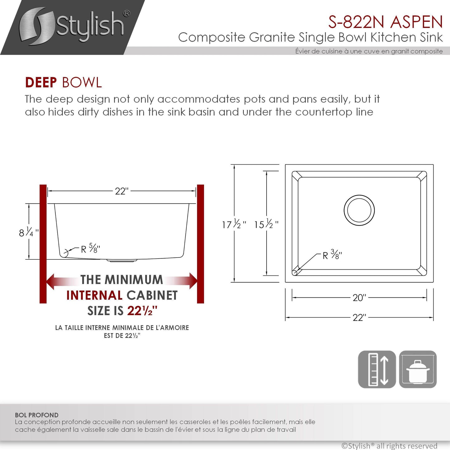 Stylish Aspen 22" x 17.5" Dual Mount Single Bowl Black Composite Granite Kitchen Sink with Strainer - Renoz