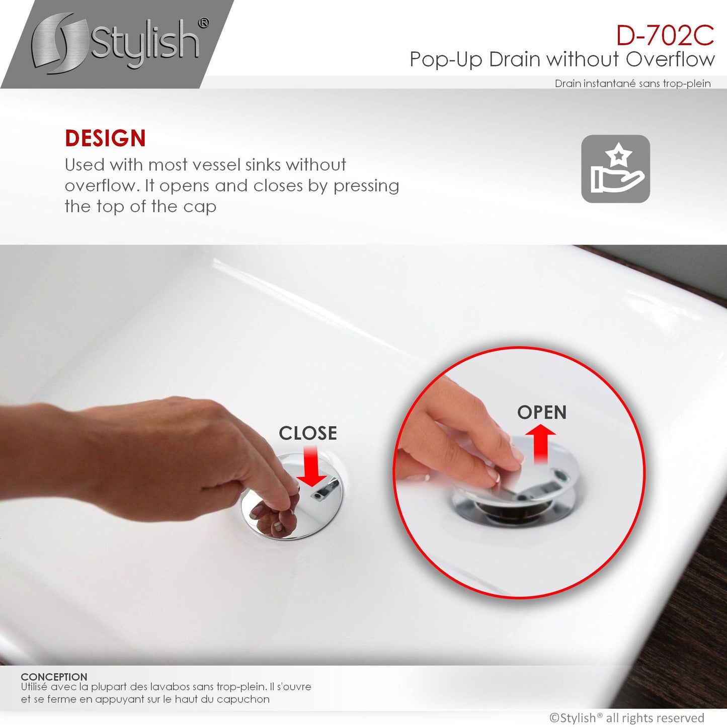 Stylish Pop-Up Drain with Overflow D-702C - Renoz