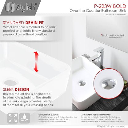 Stylish Bold 18.75" x 14.5" Rectangular Vessel Bathroom Sink White P-223W - Renoz