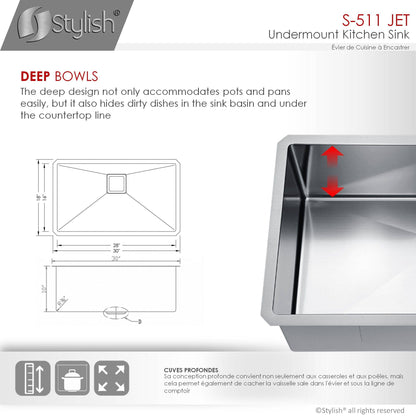 Stylish Jet 30" x 18" Single Bowl Stainless Steel Kitchen Sink with Square Strainer S-511XG - Renoz