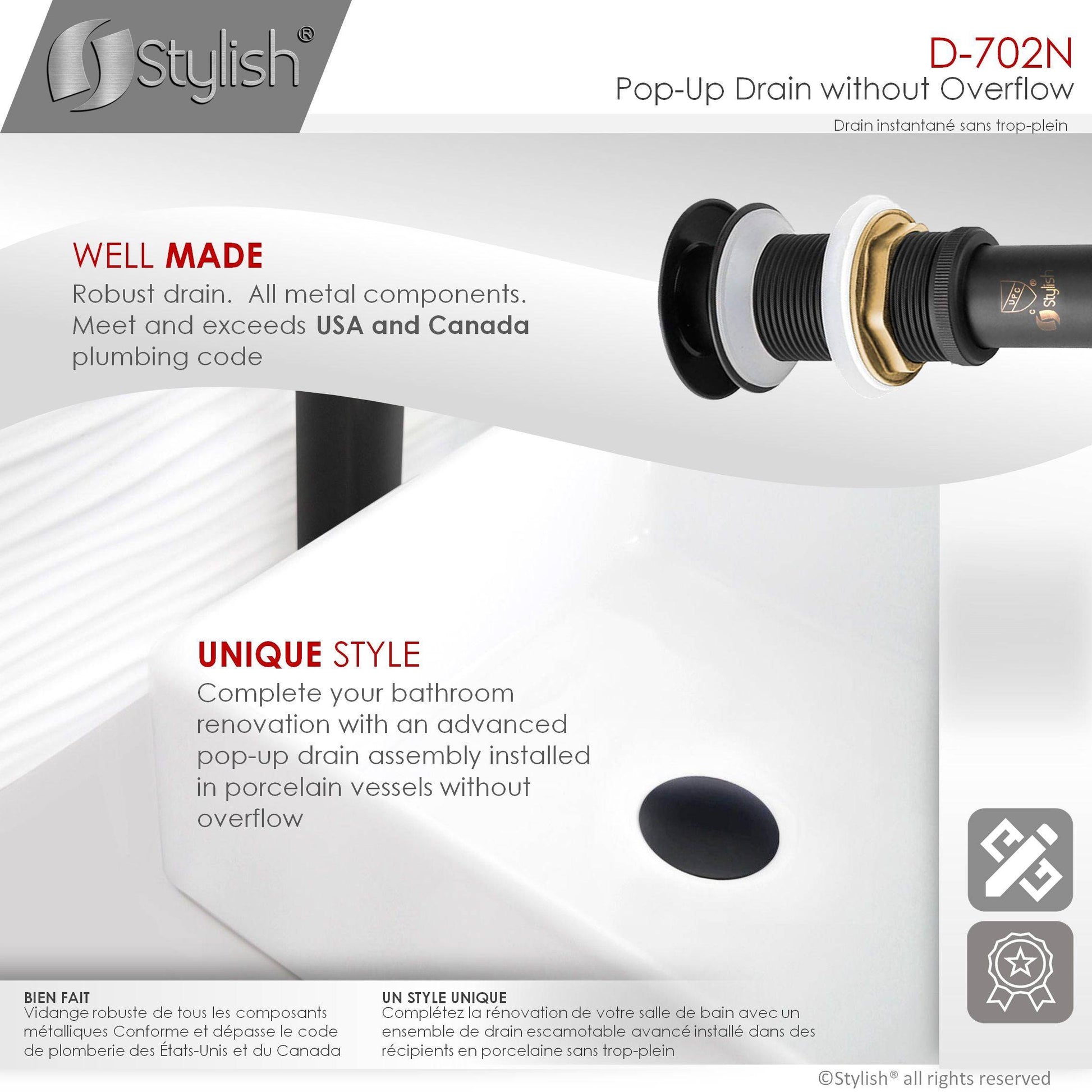 Stylish Pop-Up Drain with Overflow D-702N - Renoz