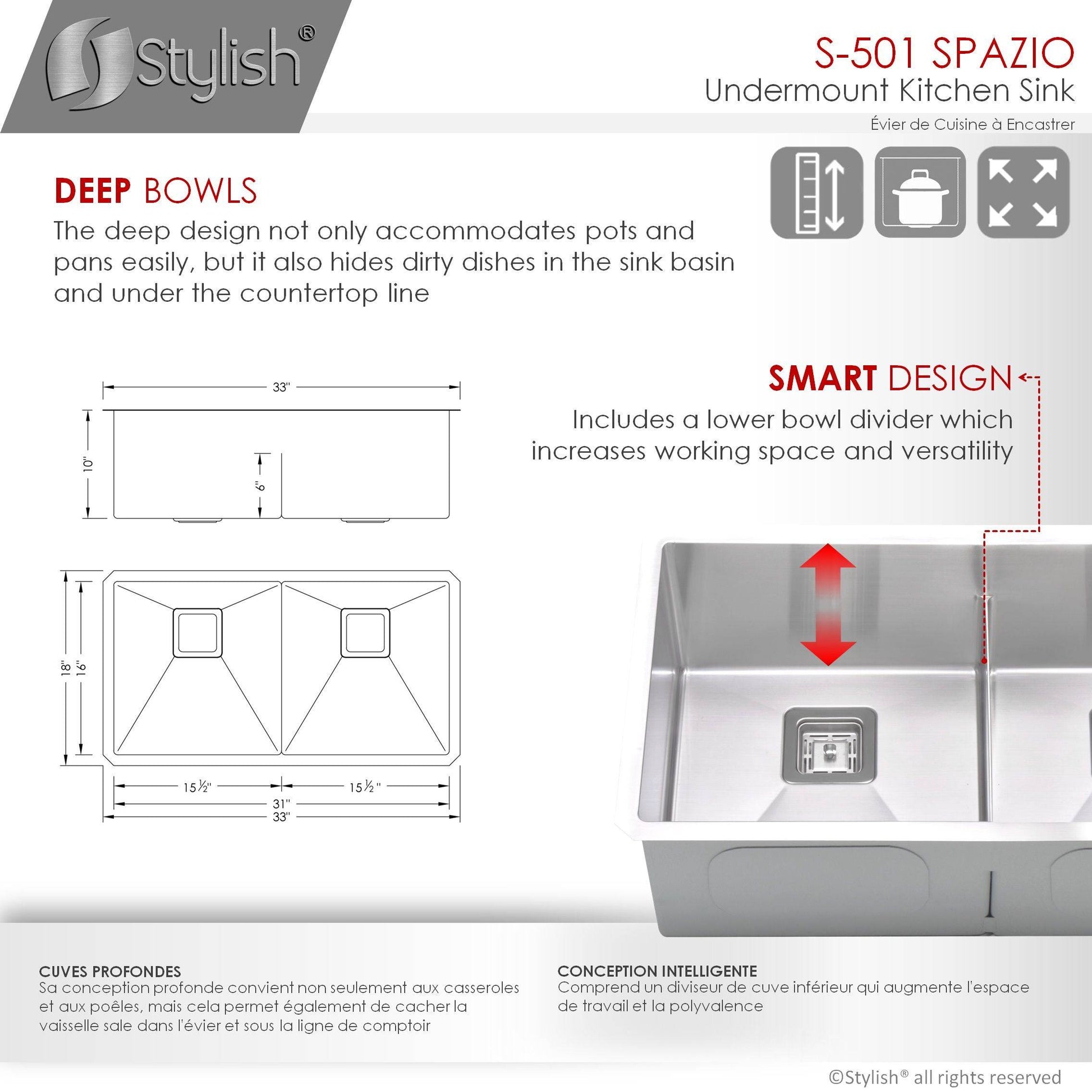 Stylish Spazio 33" x 18" Slim Low Divider Double Bowl Undermount Stainless Steel Kitchen Sink S-501XG - Renoz