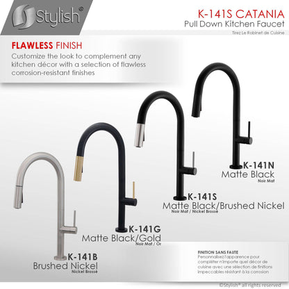 Stylish Catania 17.25" Kitchen Faucet Single Handle Pull Down Dual Mode Lead Free Matte Black with Silver Head and Handle Finish K-141NS - Renoz