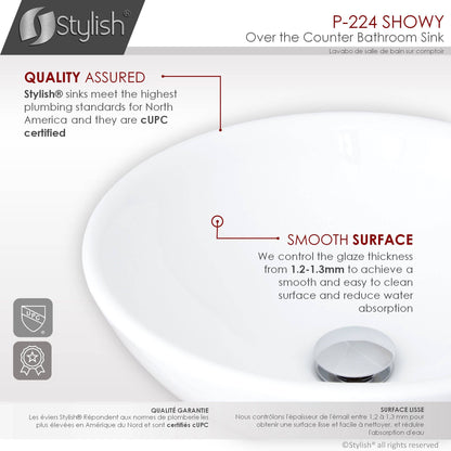 Stylish Showy 16" x 16" White Round Ceramic Vessel Bathroom Sink P-224 - Renoz