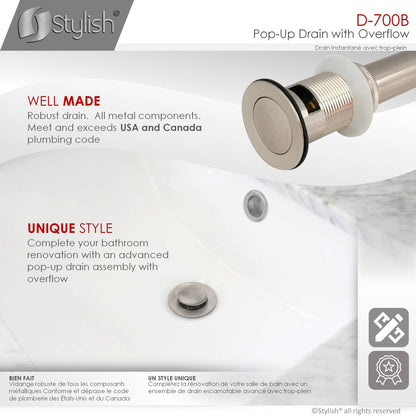 Stylish Pop-Up Drain with Overflow, Brushed Nickel Finish D-700B - Renoz