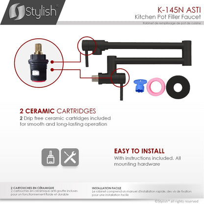 K-145N Pot de remplissage mural élégant en acier inoxydable pliable et extensible avec un seul trou et deux poignées - Finition noire mate K-145N 