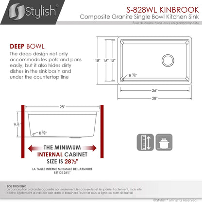 Stylish Kinbrook 28" x 18" Dual Mount Workstation Single Bowl Gray Composite Granite Kitchen Sink with Built in Accessories - Renoz