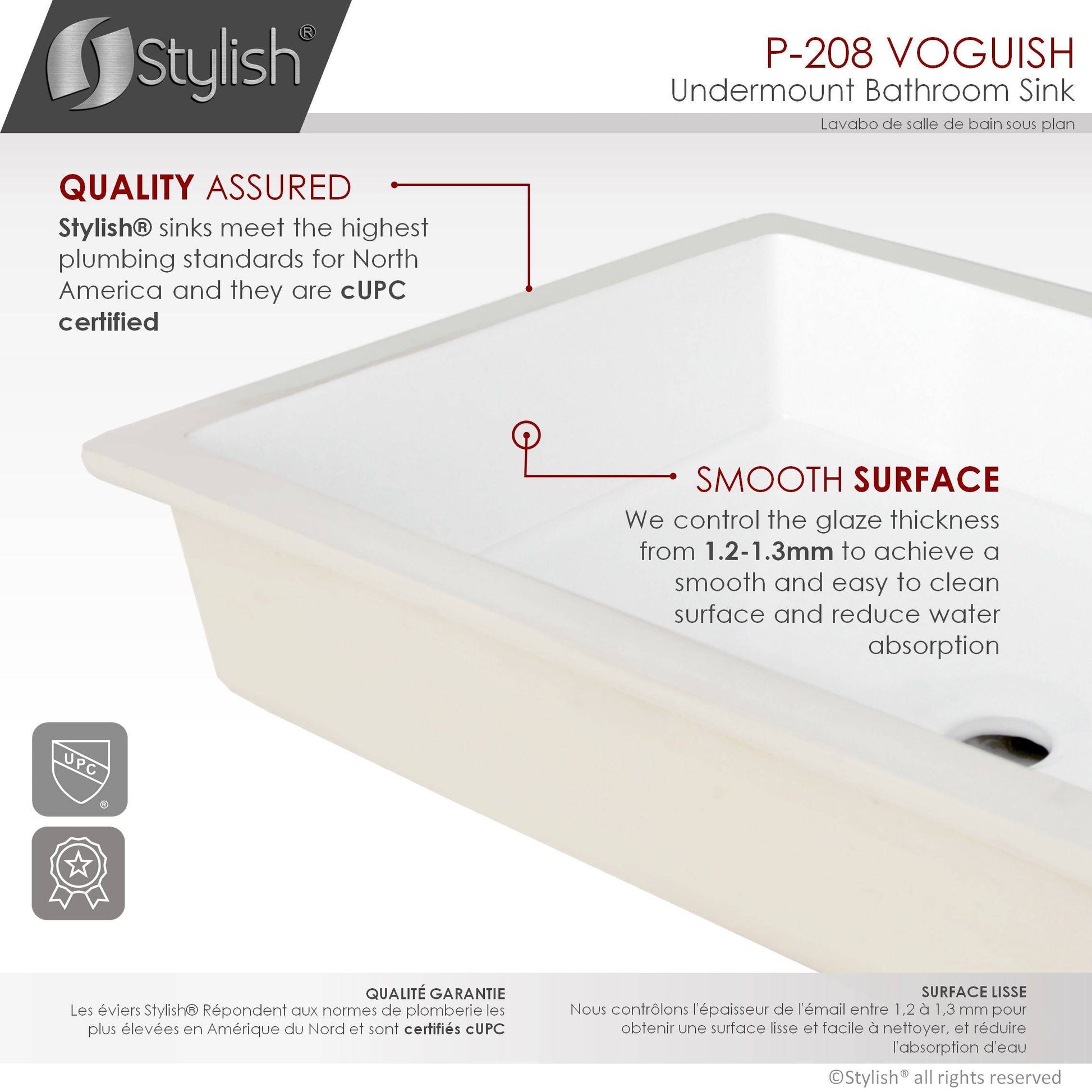 Stylish Voguish 24" x 16" Rectangular Undermount Ceramic Bathroom Sink with 2 Overflow Finishes P-208 - Renoz