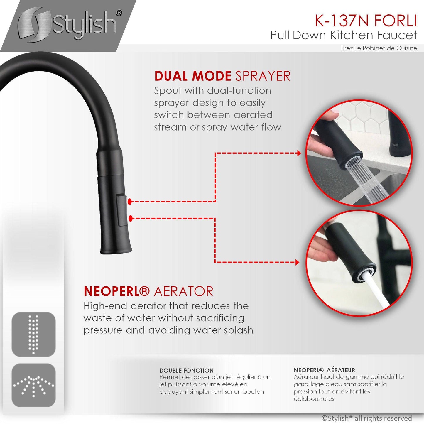 Stylish Forli 18.5" Kitchen Faucet Single Handle Pull Down Dual Mode Stainless Steel Matte Black Finish K-137N - Renoz