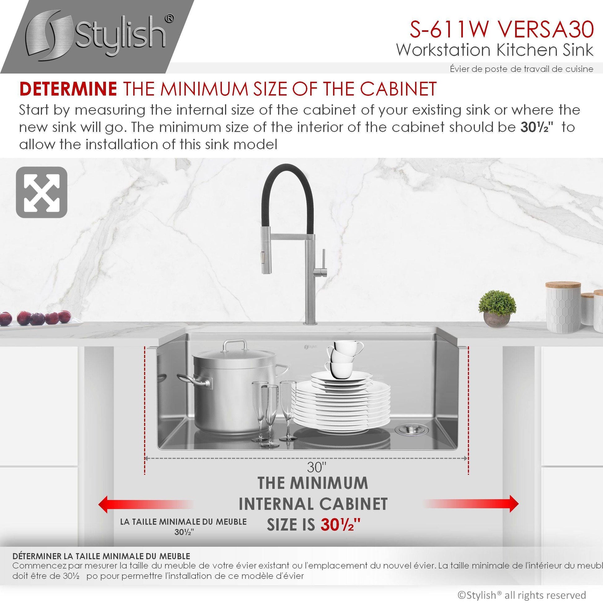 Stylish Versa30 30" x 19" Workstation Single Bowl Undermount 16 Gauge Stainless Steel Kitchen Sink with Built in Accessories S-611W - Renoz