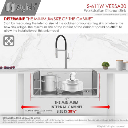 Stylish Versa30 30" x 19" Workstation Single Bowl Undermount 16 Gauge Stainless Steel Kitchen Sink with Built in Accessories S-611W - Renoz