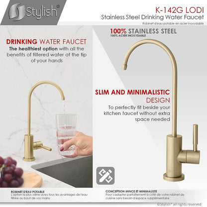 Stylish Lodi 11.25" Kitchen Drinking Water Tap Faucet, Stainless Steel Brushed Gold Finish K-142G - Renoz