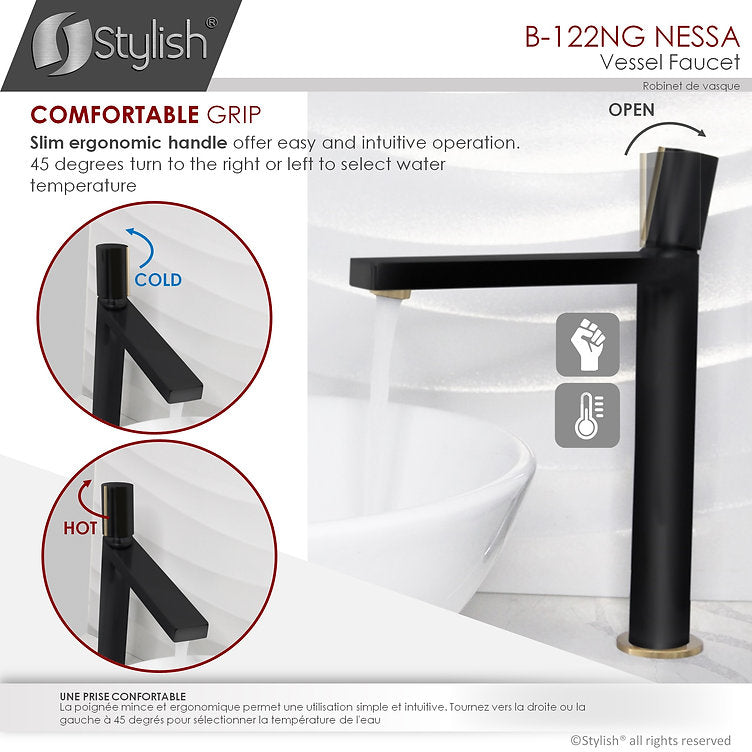 Stylish Nessa 12.5" Bathroom Vessel Faucet Single Handle Matte Black with Gold Finish B-122NG