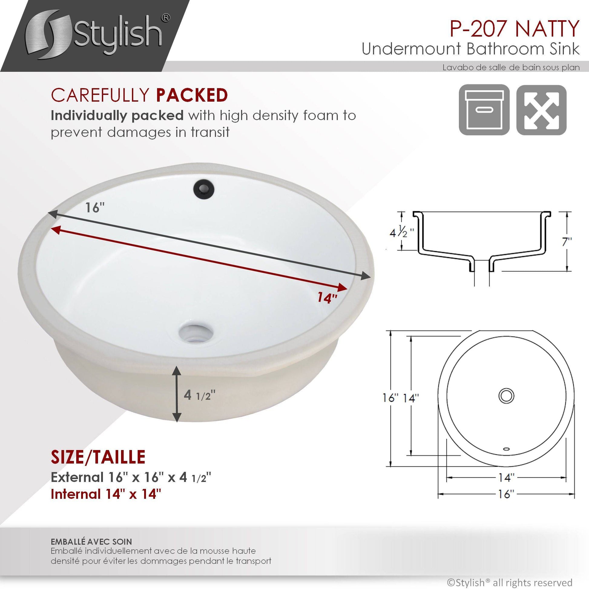 Stylish Natty 16" x 16" Round Undermount Ceramic Bathroom Sink with 2 Overflow Finishes P-207 - Renoz