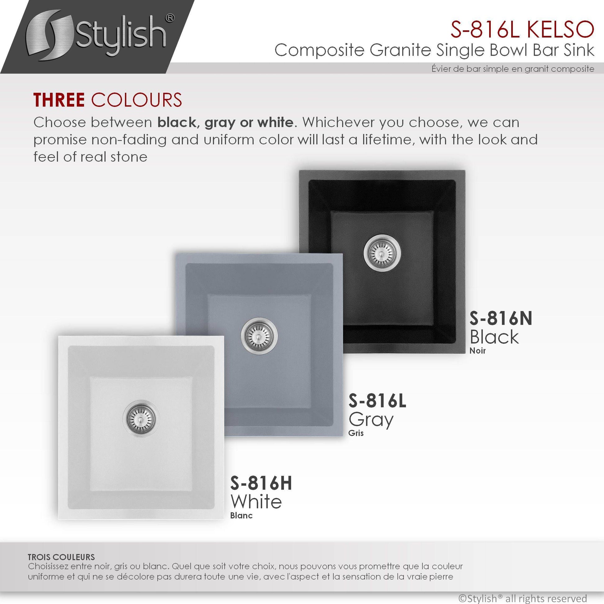 Stylish Kelso 15.5" x 17.5" Dual Mount Single Bowl Gray Composite Granite Kitchen Sink with Strainer - Renoz