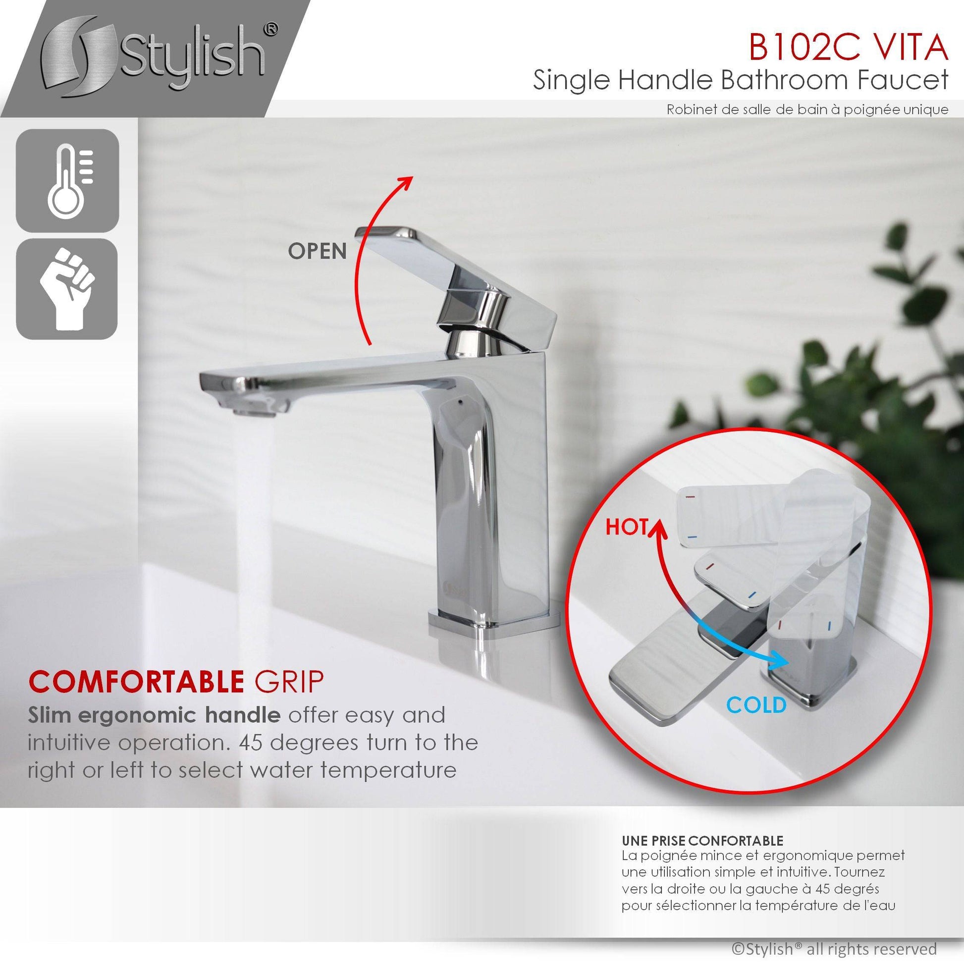 Stylish Vita Single Handle 6" Bathroom Faucet for Single Hole Brass Basin Mixer Tap, Polished Chrome Finish B-102C - Renoz