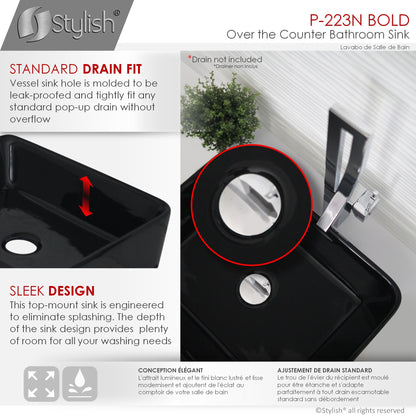 Stylish Bold 18.75" x 14.5" Rectangular Vessel Bathroom Sink Black P-223N - Renoz