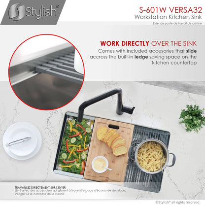 Stylish Versa 32 32" x 19" Workstation Double Bowl Undermount Kitchen Sink with Built in Accessories S-601W - Renoz