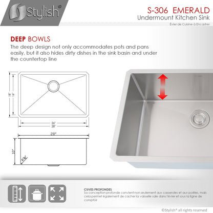 Stylish EMERALD 28" x 18" Single Bowl Kitchen Sink, 16 Gauge Stainless Steel with Grid and Basket Strainer, S-306XG