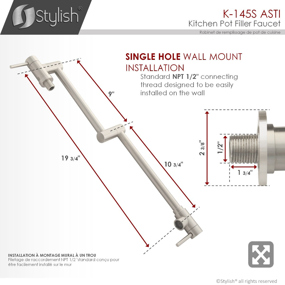 Stylish ASTI Stainless Steel Wall Mount Pot Filler Folding Stretchable with Single Hole Two Handles K-145S