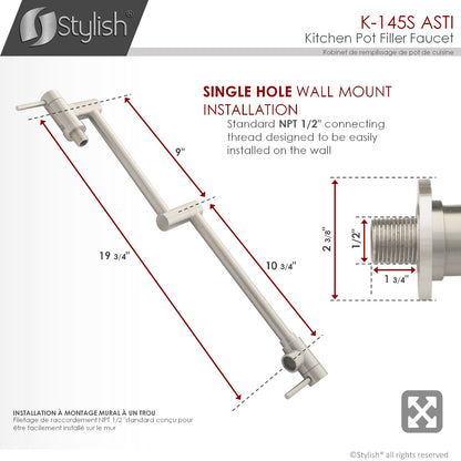 Stylish ASTI Stainless Steel Wall Mount Pot Filler Folding Stretchable with Single Hole Two Handles K-145S