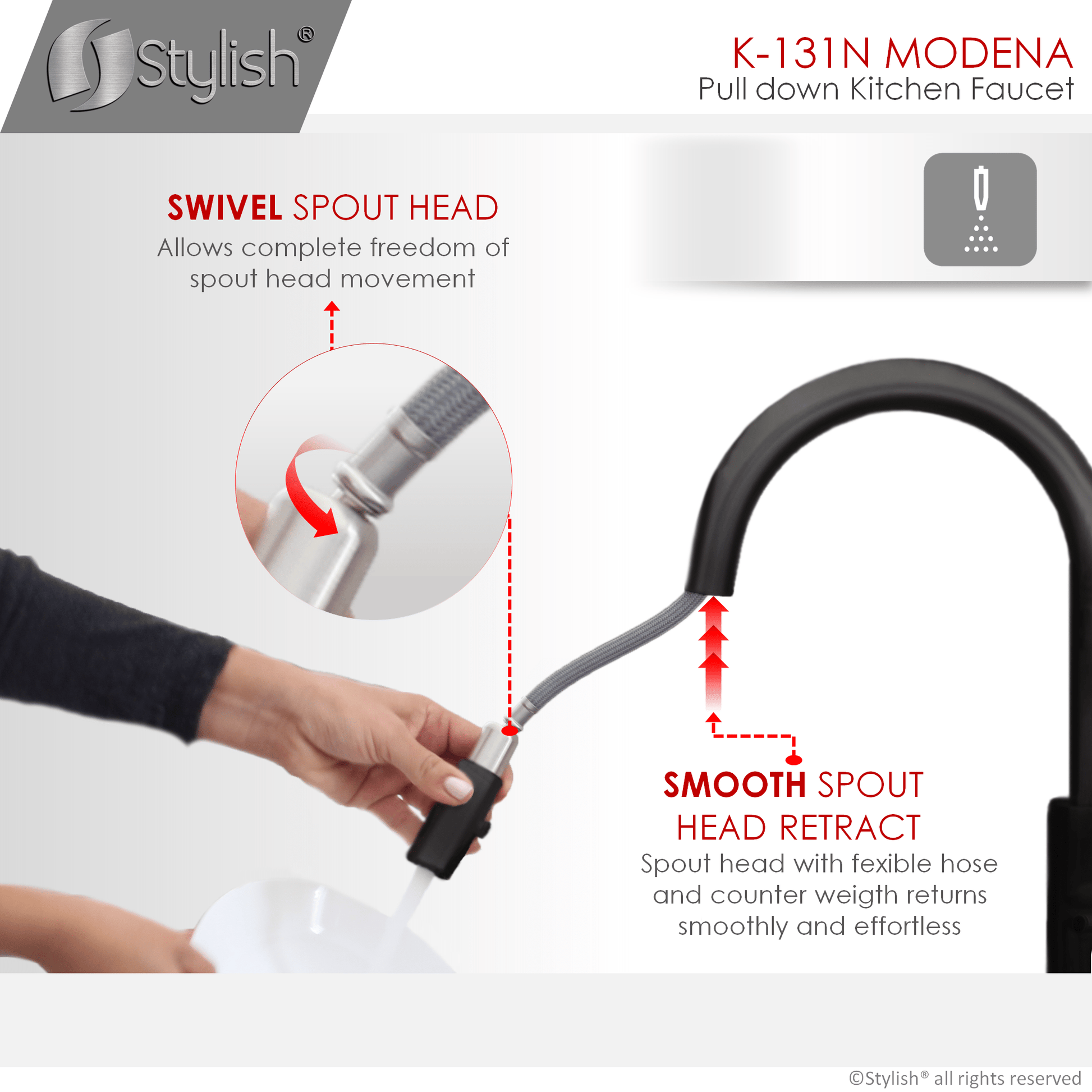 Stylish Modena 14" Kitchen Faucet Single Handle Pull Down Dual Mode Stainless Steel Matte Black Finish K-131N - Renoz